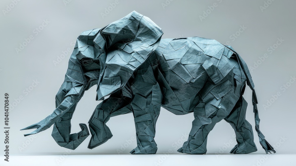 This stunning origami elephant stands majestically, showcasing exquisite detail and craftsmanship, set against a calm, neutral background