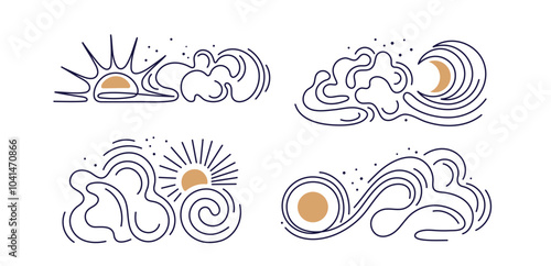 Sun, moon, cloud line Stars on windy sky Astronomy