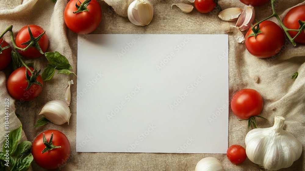 Blank Recipe Card with Fresh Tomatoes and Garlic on Burlap Blank Recipe Card with Fresh Tomatoes and Garlic on Burlap