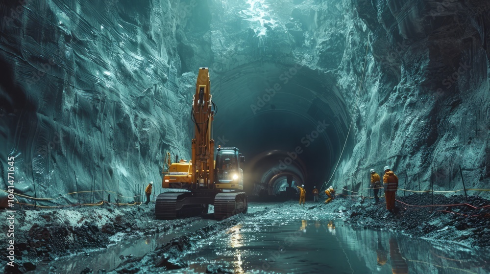 A team of workers in orange gear operates heavy machinery in a vast, dimly lit tunnel, showcasing the immense scale of their underground project A team of workers in orange gear operates heavy machinery in a vast, dimly lit tunnel, showcasing the immense scale of their underground project