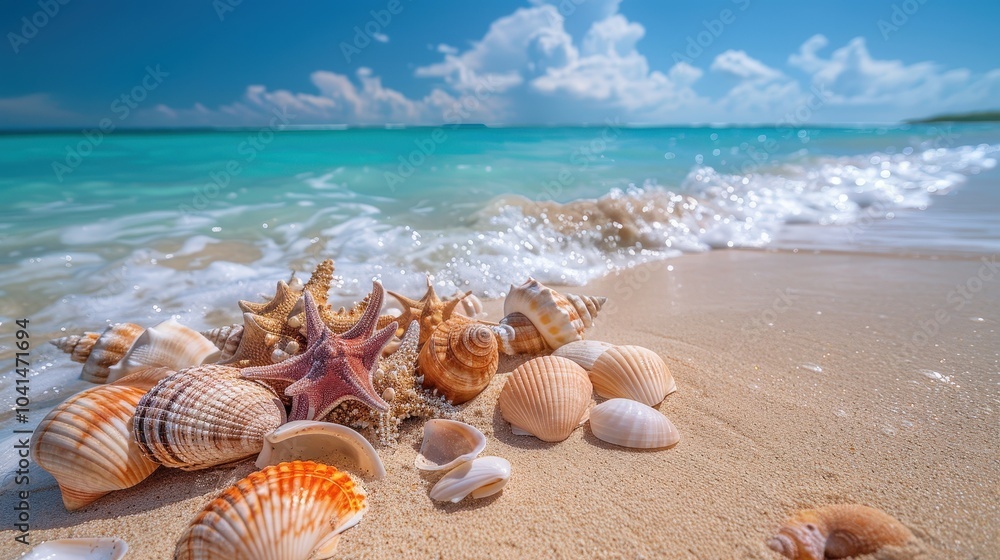 A Serene Tropical Beach with Turquoise Waves and Beautiful Shells Captured in Bright Sunshine A Serene Tropical Beach with Turquoise Waves and Beautiful Shells Captured in Bright Sunshine
