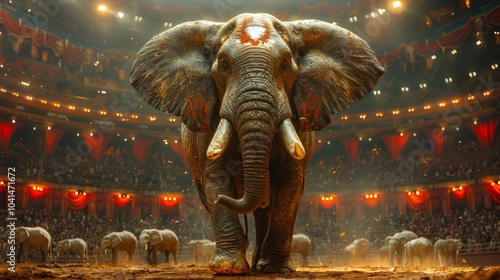 A captivating display unfolds as majestic elephants showcase their talents in a vibrant circus arena, mesmerizing an engaged audience all around photo