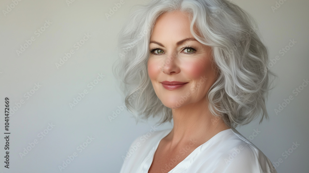 Portrait of a mature woman with soft, silver hair styled in loose waves, smiling warmly with confidence and grace against a gray background Portrait of a mature woman with soft, silver hair styled in loose waves, smiling warmly with confidence and grace against a gray background