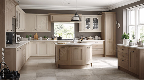 Scandinavian-style kitchen with clean white cabinetry, light wood finishes, and a large window letting in natural light