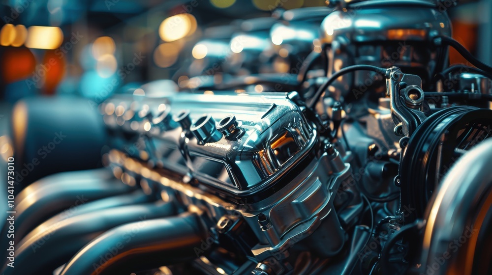 Fototapeta premium Unveiling a High-Performance Racing Car Engine with Stunning Detail and Gleaming Components