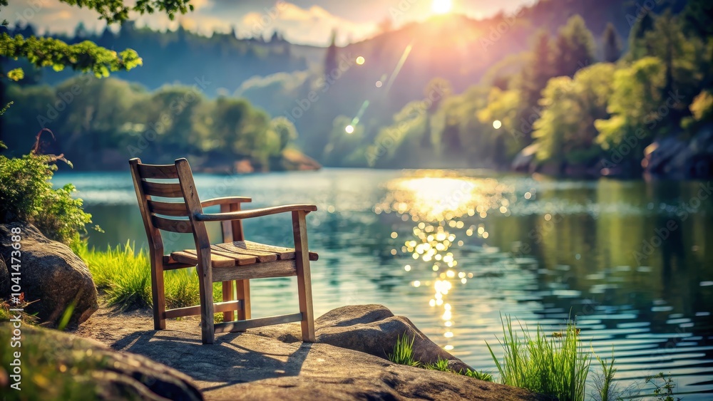 Obraz premium Serene Wooden Chair on Rocky Hill with Water View - Bokeh Effect, Nature Photography, Scenic Landscape, Tranquil Outdoor Seating, Rustic Charm, Natural Beauty, Peaceful Escape, Relaxation Spot