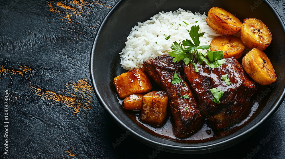 A dish of Venezuelan asado negro, beef roast cooked in a dark caramel sauce, served with white rice and fried plantains. Hispanic heritage month tradition A dish of Venezuelan asado negro, beef roast cooked in a dark caramel sauce, served with white rice and fried plantains. Hispanic heritage month tradition