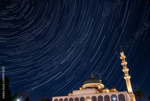 A long exposure shot capturing star trails over a mosque symboli photo