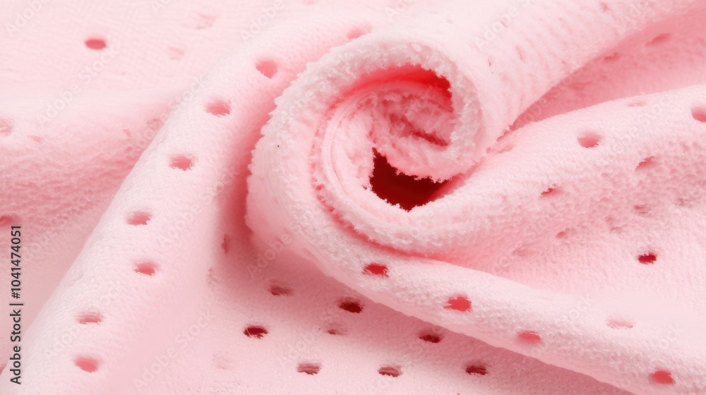 Soft Pink Perforated Plush Fabric: A close-up shot of a luxuriously soft, pink plush fabric with a delicate perforated pattern. The fabric is gently draped. Soft Pink Perforated Plush Fabric: A close-up shot of a luxuriously soft, pink plush fabric with a delicate perforated pattern. The fabric is gently draped.