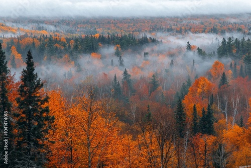 Autumn forest with orange and red trees, foggy weather, overcast sky.