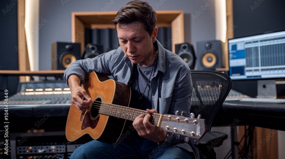 Obraz premium Musician tuning guitar in a recording studio with high-end equipment