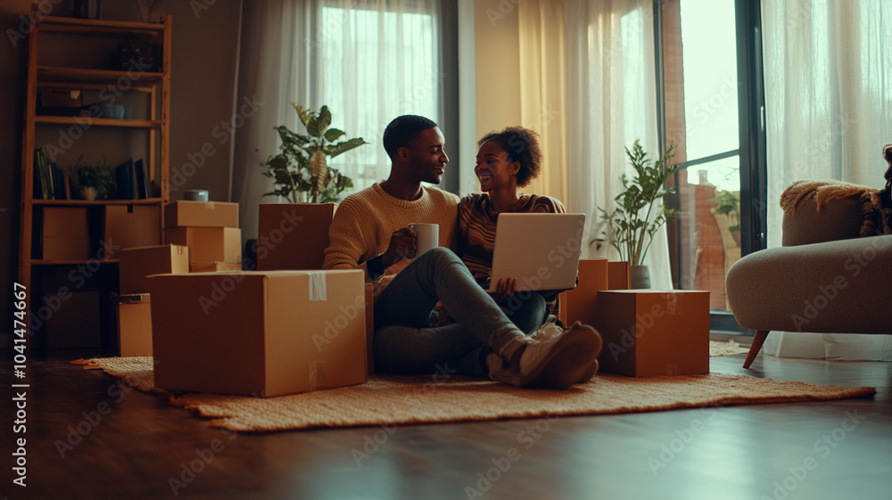 A young couple sits on the floor of their new apartment, surrounded by moving boxes and holding coffee mugs as they watch something together on an open laptop screen. The scene captures them enjoying A young couple sits on the floor of their new apartment, surrounded by moving boxes and holding coffee mugs as they watch something together on an open laptop screen. The scene captures them enjoying