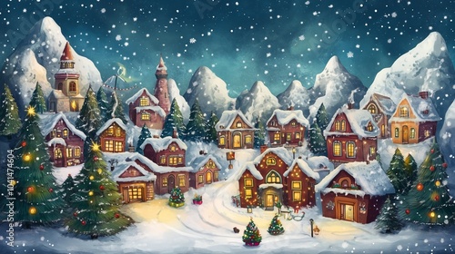A bright and magical illustration of a winter village covered with snow. Small houses with illuminated windows create an atmosphere of comfort and warmth on a cold winter evening.