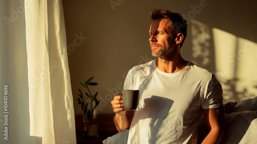 A handsome man in his thirties, wearing a white t-shirt, drinking coffee at home with morning light and shadow on his face, holding a cup of black or green tea or cappuccino coffee in his hand