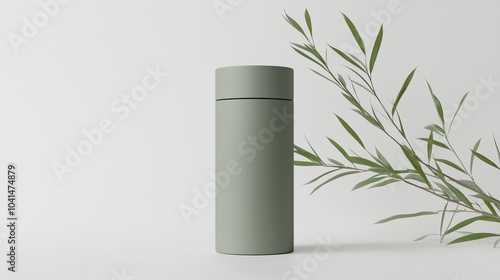 Minimalist Green Cylindrical Container with Natural Leaf for Eco-Friendly Product Packaging