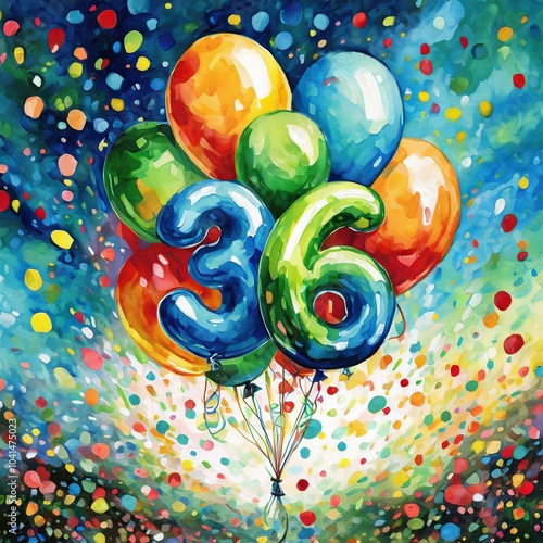 Birthday / anniversary balloon, number 36, colorful illustration with confetti and festive decoration photo