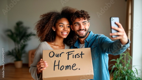 Young, multiethnic couple taking a selfie while moving into their new apartment, holding a sign with the text 
