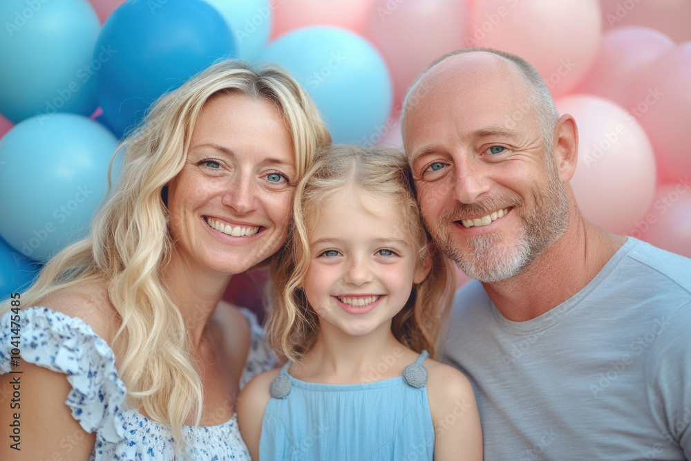 Parents smile lovingly while holding their baby, framed by pastel balloons, while another family enjoys outdoor bike rides, filling the scene with happiness and activity. Parents smile lovingly while holding their baby, framed by pastel balloons, while another family enjoys outdoor bike rides, filling the scene with happiness and activity.