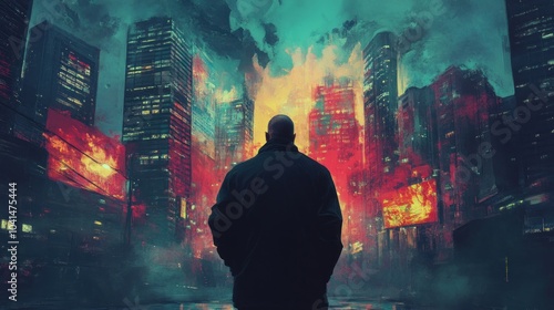 A lone man in a dystopian cityscape