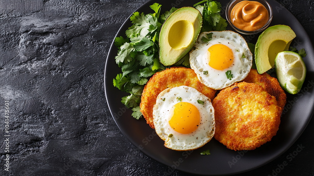 A plate of Ecuadorian llapingachos, potato patties stuffed with cheese, served with fried eggs, avocado, and peanut sauce. Hispanic heritage month tradition A plate of Ecuadorian llapingachos, potato patties stuffed with cheese, served with fried eggs, avocado, and peanut sauce. Hispanic heritage month tradition