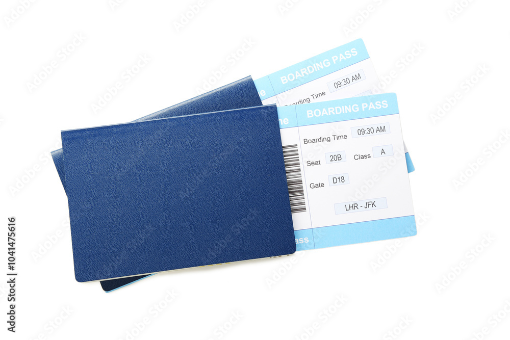 Passports with boarding passes on white background