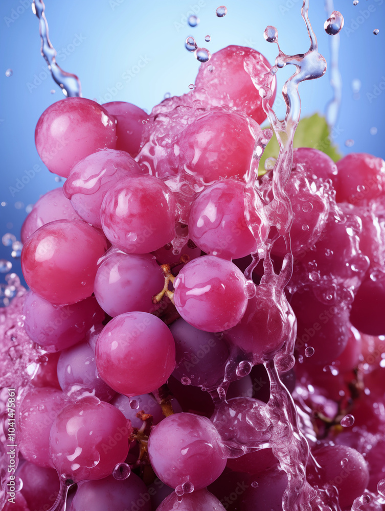 A bunch of grapes, splashing with water droplets on a blue background A bunch of grapes, splashing with water droplets on a blue background
