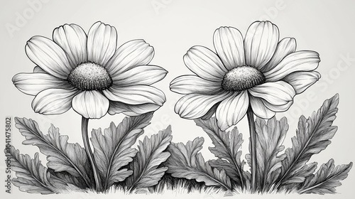 Detailed Engraved Sketch of Cartoon Chamomile and Daisy Flowers in Black and White - Botanical Illustration