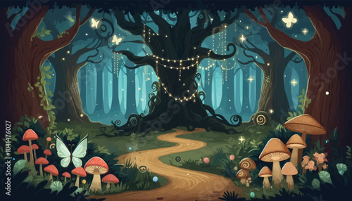 Mystical woodland with ancient trees lush vegetation and sparkling fairy lights background