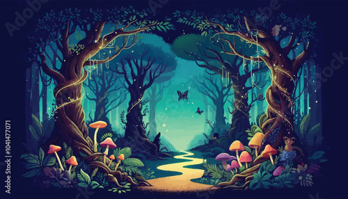Mystical woodland with ancient trees lush vegetation and sparkling fairy lights background