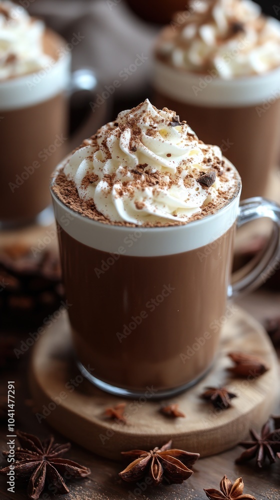 Whipped Cream and Cocoa Powder Topped Hot Chocolate in Glass Mug, Close Up Photo Whipped Cream and Cocoa Powder Topped Hot Chocolate in Glass Mug, Close Up Photo