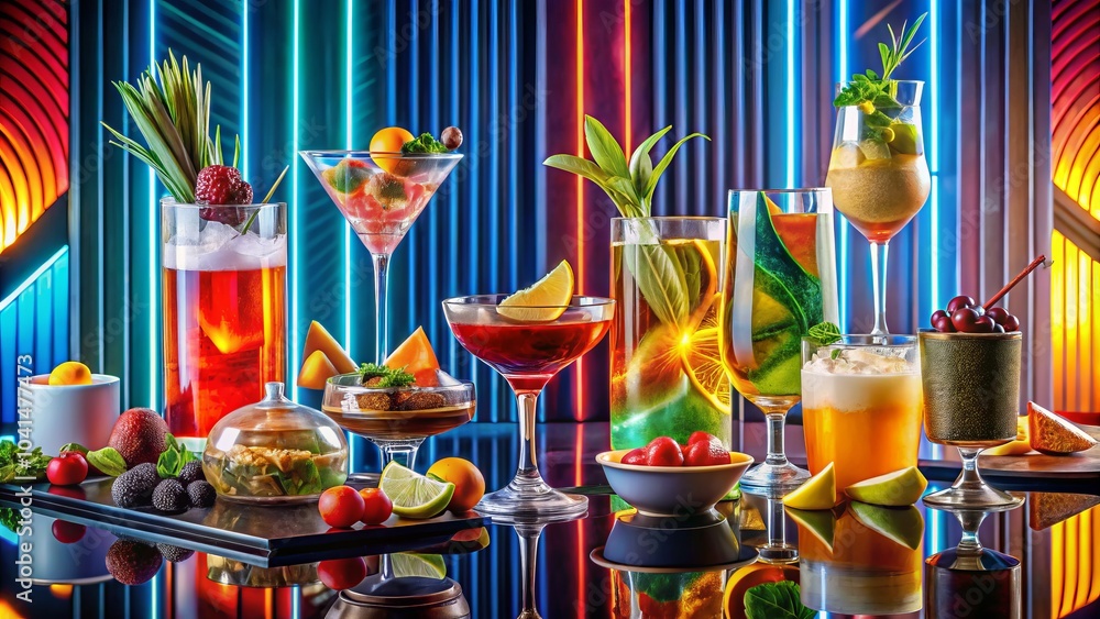 Fototapeta premium Surreal Cocktail Art for Modern Restaurants: Creative Alcohol Food for Menus in Thin Line Style, Perfect for Public Catering and Culinary Illustrations