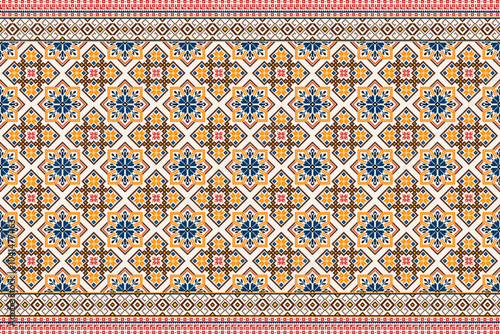 Geometric Folk Art Ethnic Pattern. Intricate pixel art pattern featuring geometric shapes and floral motifs. Vibrant colors and symmetrical design. Ideal for textile, wallpaper, carpet, fabric, scarf.