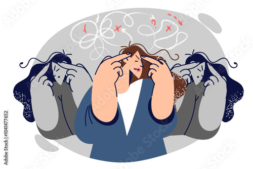 Headaches and migraines cause discomfort in business woman who feel confused or dizzy