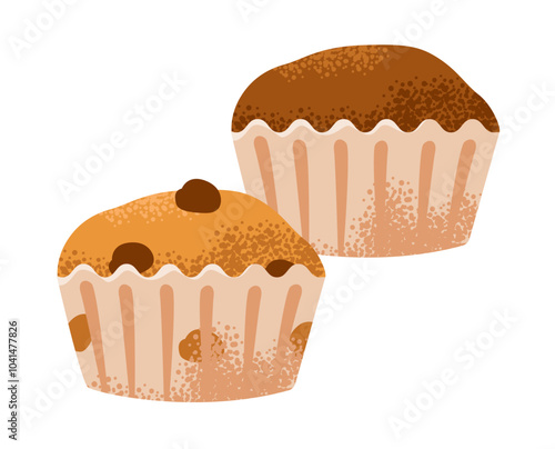 Assorted cupcakes isolated on a white background. Muffins with vanilla and chocolate. Baking flat illustration