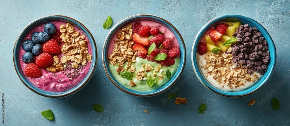 Three colorful breakfast bowls with fruit, granola, and chocolate chips. Three colorful breakfast bowls with fruit, granola, and chocolate chips.