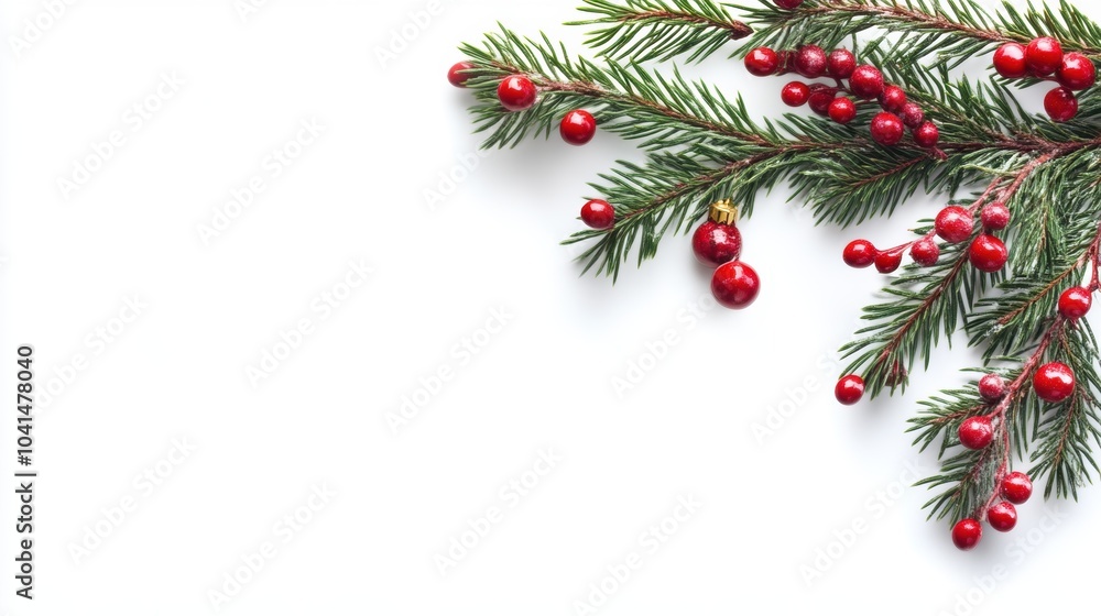 Christmas fir branch with red berries on white background for holiday decor Christmas fir branch with red berries on white background for holiday decor
