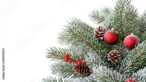 Festive christmas pine tree with snow-covered branches and red ornaments