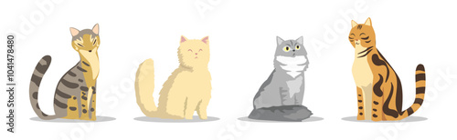 Different Cat Breed as Domestic Pet in Sitting Pose Vector Set