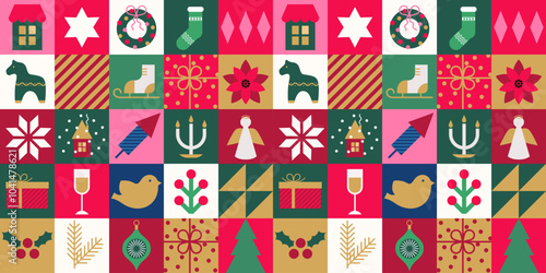 Merry Christmas and Happy New Year seamless pattern. Minimalist geometric elements. Trendy abstract background. Holiday decoration. Simple flat vector illustration.