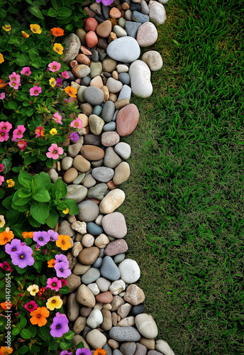 Garden design illustration. The edge of the flower bed in the open air is made of colorful gravel with colorful stones, creating a contrast with the green grass.