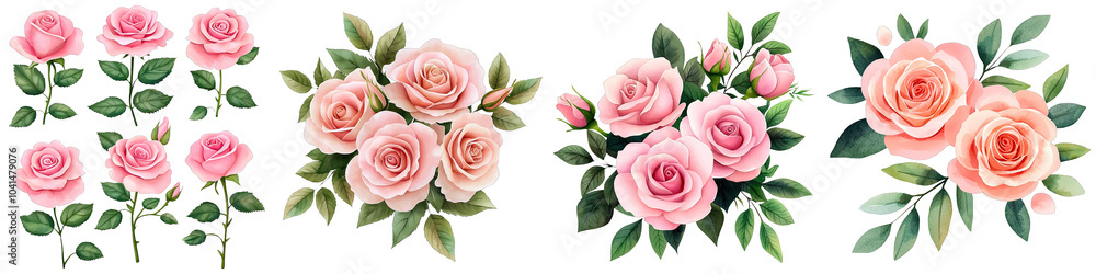 Pink roses arranged elegantly against a black background, showcasing various designs and clusters of blossoms complemented by green leaves. Pink roses arranged elegantly against a black background, showcasing various designs and clusters of blossoms complemented by green leaves.