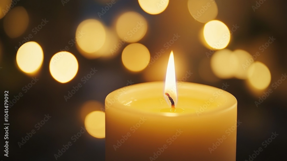 Close up of a lit candle with blurred lights in the background evoking a warm and tranquil atmosphere Close up of a lit candle with blurred lights in the background evoking a warm and tranquil atmosphere