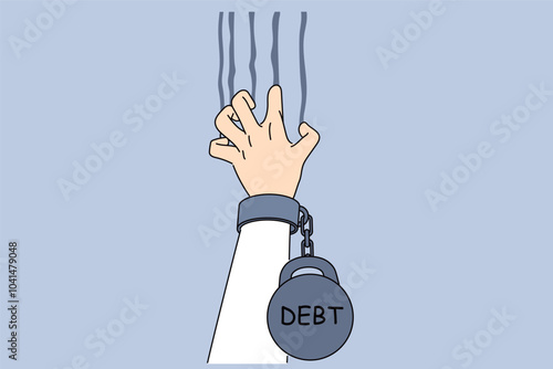 Hand man with large distances scratching wall trying to escape from bankruptcy, with credit weight