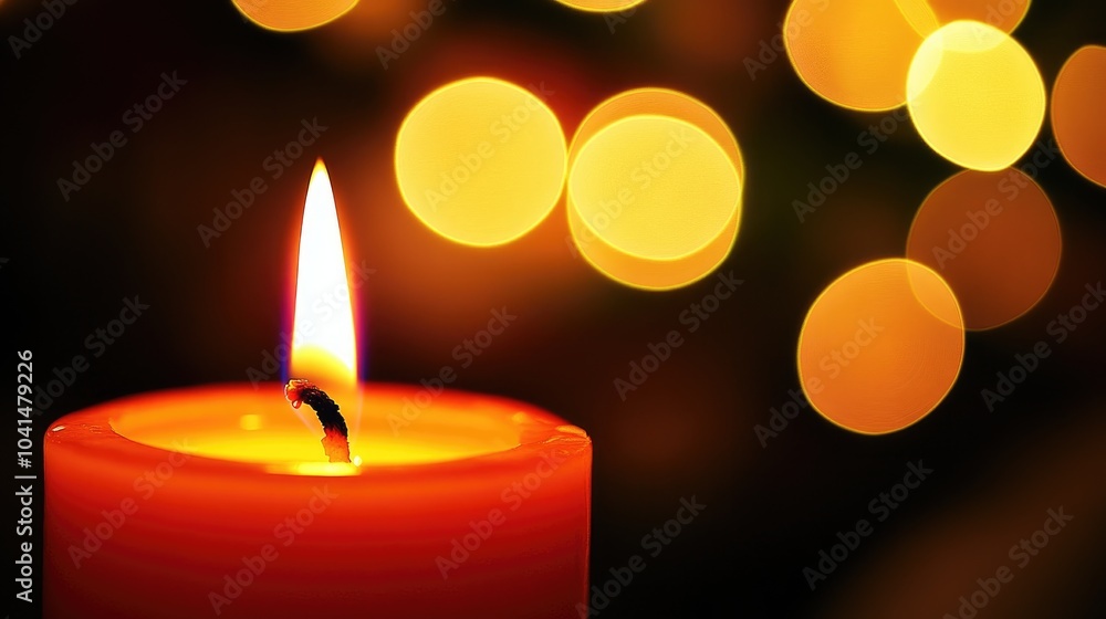 Close up of a lit candle with blurred lights in the background evoking a warm and tranquil atmosphere Close up of a lit candle with blurred lights in the background evoking a warm and tranquil atmosphere