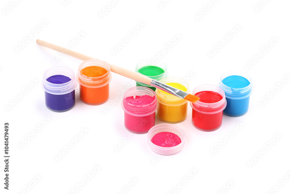 Colorful gouache paints and brush isolated on white background Colorful gouache paints and brush isolated on white background