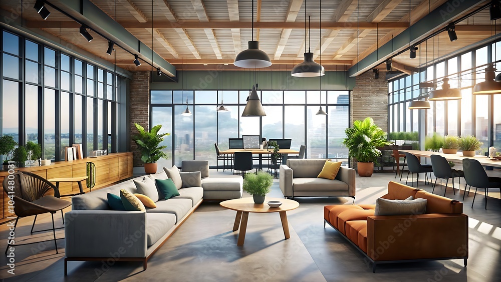 Modern open office space, industrial chic, floor-to-ceiling windows, panoramic city view, exposed wooden beams, pendant lighting, comfortable lounge seating, potted plants, collaborative workspace Modern open office space, industrial chic, floor-to-ceiling windows, panoramic city view, exposed wooden beams, pendant lighting, comfortable lounge seating, potted plants, collaborative workspace