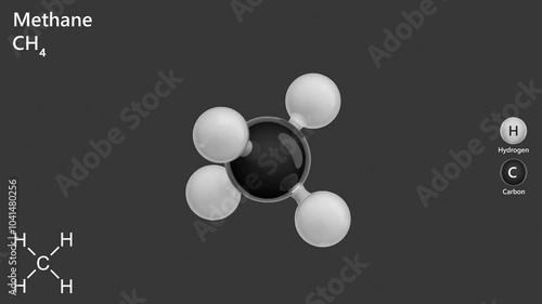 Methane. Animated 3D model of a molecule. Molecular formula: CH4. Chemical model: Ball and stick. Greenhouse gas. Gray background. 3D rendering. Seamless loop.