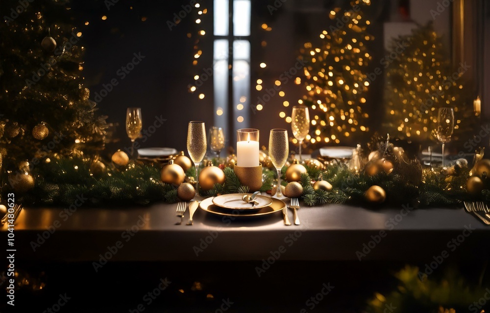 A festive table setting with gold accents, a lit candle, and a warm glow. A festive table setting with gold accents, a lit candle, and a warm glow.