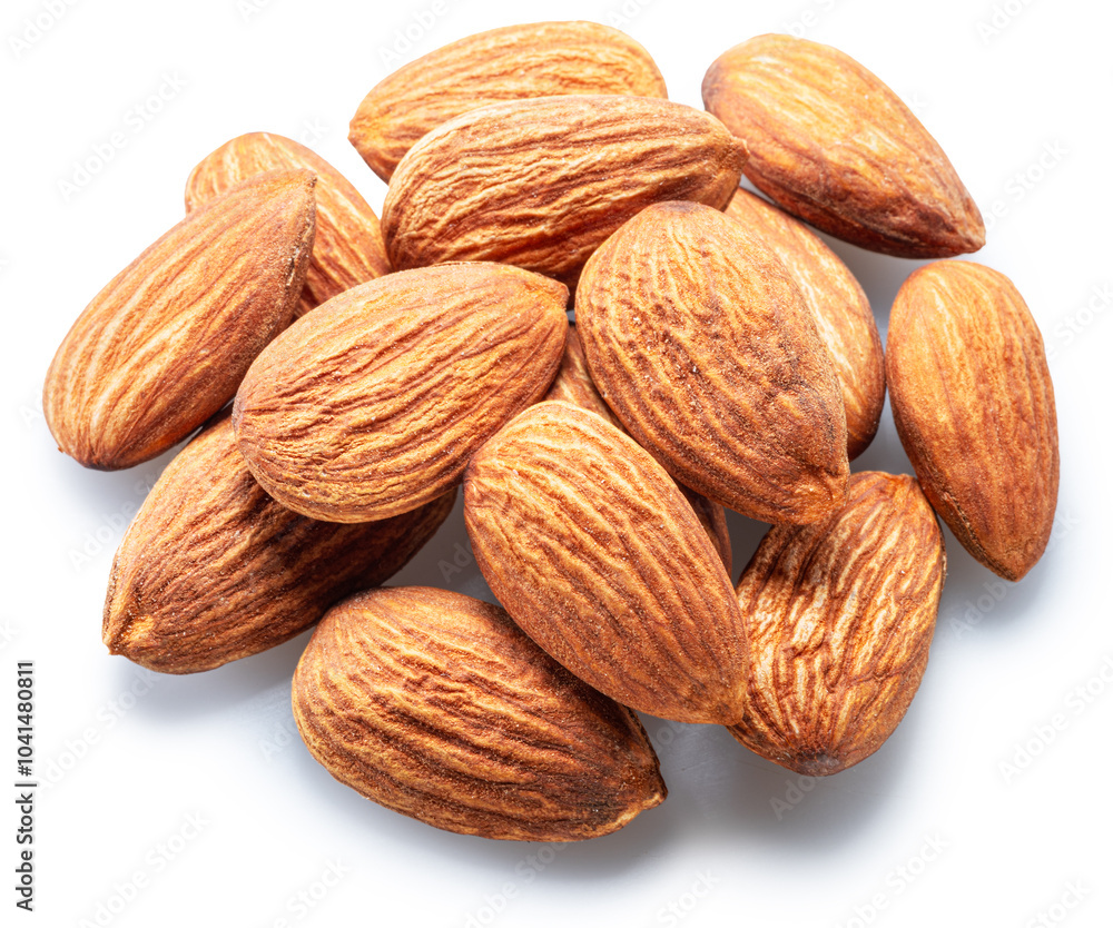 Group of shelled almond nuts on white background, top view. File contains clipping paths. Group of shelled almond nuts on white background, top view. File contains clipping paths.