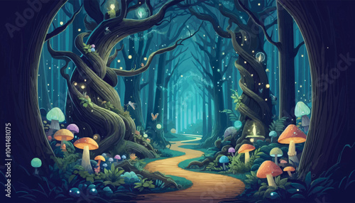 Mystical woodland with ancient trees lush vegetation and sparkling fairy lights background